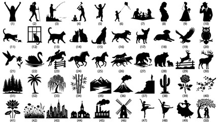 Fototapeta premium Collection of black silhouettes featuring various people animals plants and city landscapes for graphic design projects and creative art works