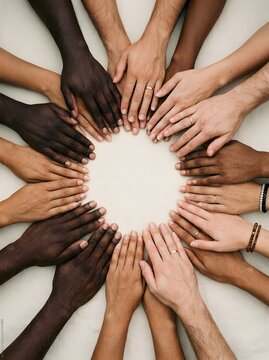 Diverse hands stacked together in a circle symbolizing unity and teamwork