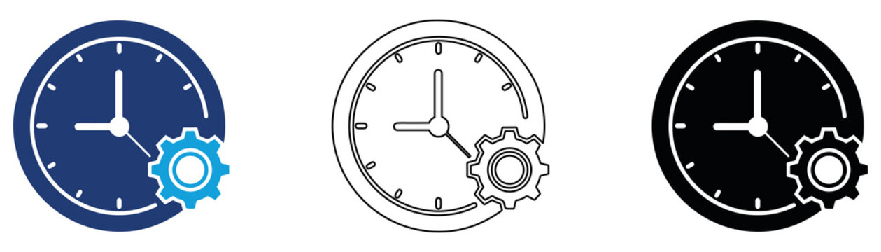 Multicolor Clock Settings Icon Set with Filled and Outline Styles for Time Management Schedule Configuration System Preferences and Productivity Isolated on Transparent Background