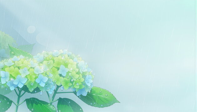 Fresh hydrangea flowers with raindrops close-up 雨粒がつく紫陽花のクローズアップ背景