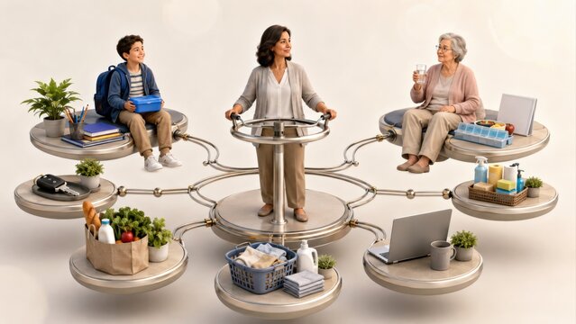 caregiver balances moving platforms carrying school, medicine, meals and household tasks while child and older parent depend on same coordinated family care system