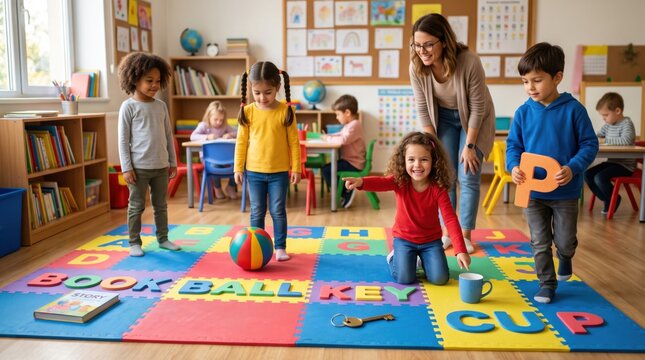 Teacher uses floor words, book, ball and key to turn reading practice into active English lesson built on motion, recognition and object based learning.