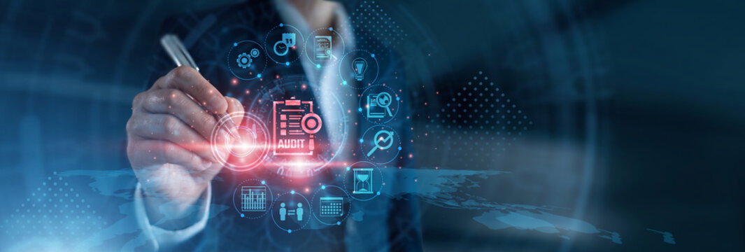 Financial compliance. Corporate auditor using stylus examining ledger records, transactional workflows, and security logs on interactive touchscreen network. Enterprise governance review.