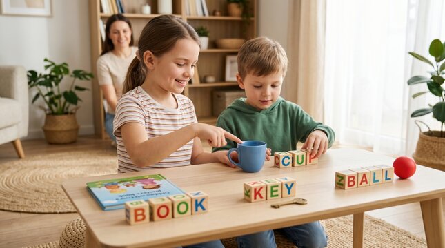 Sibling teamwork turns everyday objects into practical English lesson, linking spelling, reading and recognition with supportive home learning and social participation.
