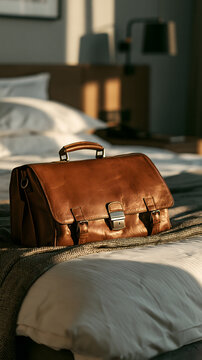 Leather Briefcase on Bed: A classic brown leather briefcase rests on a neatly made bed, bathed in the warm, soft light of a sunrise, suggesting a journey or a professional start.
