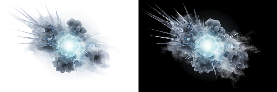 Frozen crystal blast with blue smoke and radiant center, on transparent background