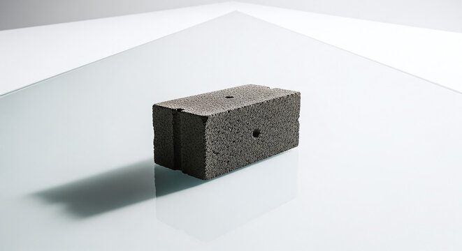 Dark Grey Aerated Concrete Cinder Block on White Reflective Surface