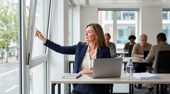 Office employee woman opens nearby window during sudden hot flash, creating clear menopause workplace image focused on discreet cooling, comfort and professional dignity today.