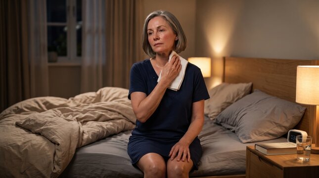 One gentle cooling action communicates menopause night sweats clearly, combining physical discomfort, wakefulness and calm self management inside dark bedroom setting at home.