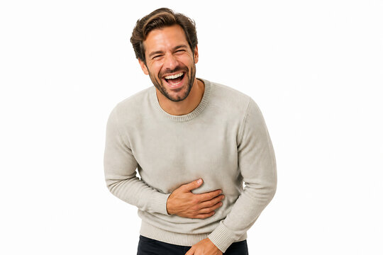 A smiling, happy man wearing a light-colored sweater is posing against a white background.