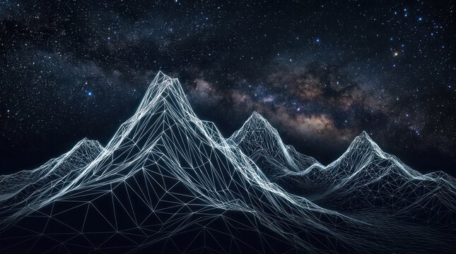 Digital mountain landscape under starry night sky