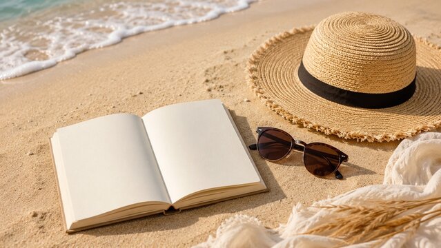 Relaxing Beach Vacation with Book and Straw Hat Open book, straw sun hat, and sunglasses arranged on warm sand beside gentle ocean waves, creating a peaceful summer vacation scene
