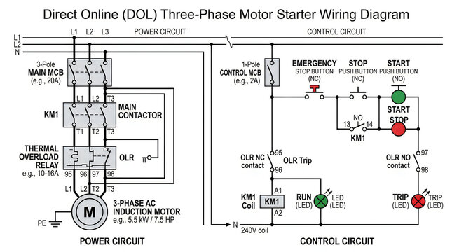 Direct online three phase motor starter electrical wiring diagram