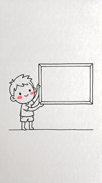 Cute cartoon boy holding empty horizontal sign board, simple line drawing.