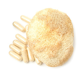 Functional mushroom and pills isolated on white, top view © New Africa