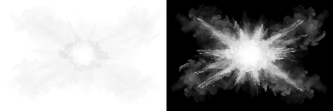 White smoke explosion with radiant center and sharp plumes, on transparent background