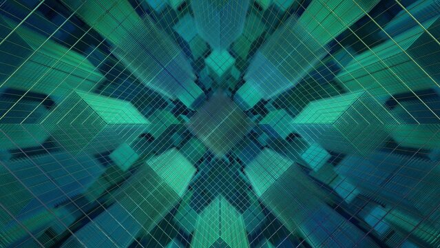 Architectural wireframes converging toward a central network.