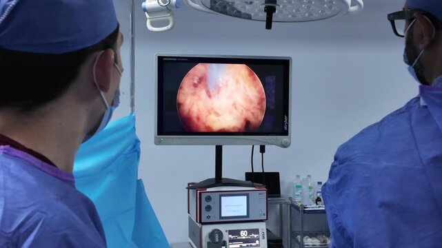 Surgical team watching endoscopic display monitor during a minimally invasive back surgery procedure.
