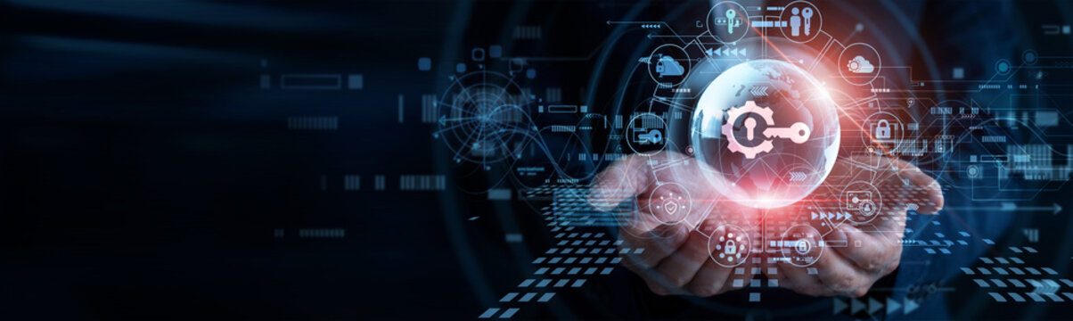 IT expert. Human hands holding Access Management glowing global globe protecting secure server network data. Cybersecurity team working to verify identities across cloud networks safely.