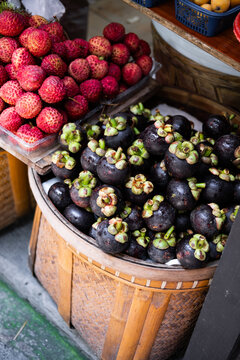 Fruits in a market basket at a local market during the day