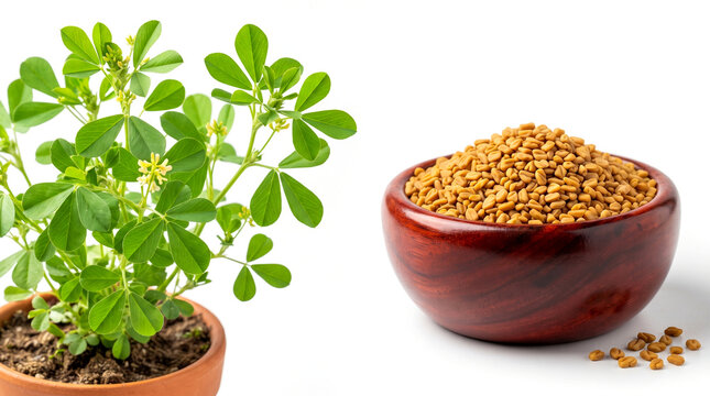 Organic Fenugreek seeds in a bowl with fresh fenugreek plant with leaves and flowers in white background, copy space