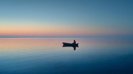 Naklejka premium A lone person sitting in a small boat on a calm, reflective lake at twilight