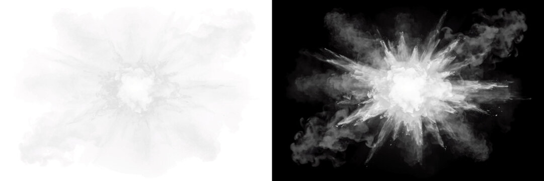 Radial white smoke explosion with sharp powder plumes, on transparent background