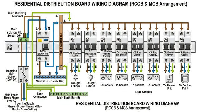 Residential electrical distribution board wiring diagram with rccb and mcb