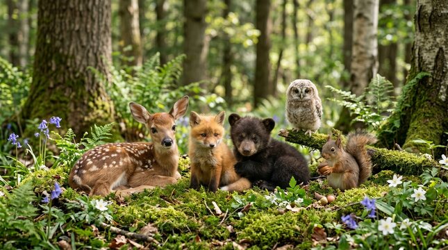 Baby woodland animals sitting together in forest clearing