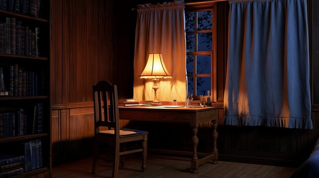 Quiet night study corner with wooden desk, warm lamp, chair and blue curtains