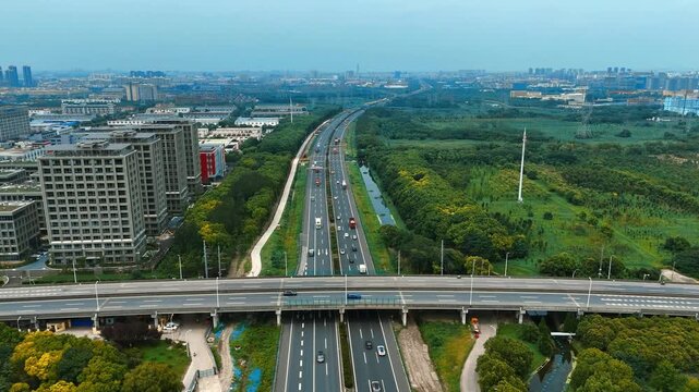 Static Aerial View of Highway Interchange and Urban Landscape