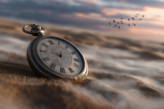 Surreal antique pocket watch standing on foggy sand dunes at dusk, birds flying across dreamy pastel sky, fantasy concept art.