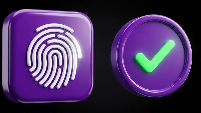 Purple Fingerprint Icon With Green Checkmark, Biometric Security Animation