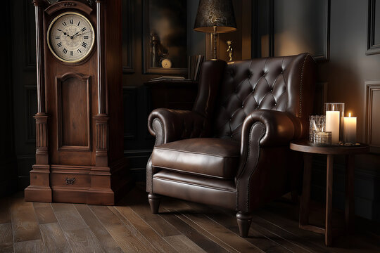 Antique wooden grandfather clock in cozy study with leather armchair and candles, warm ambient lighting, vintage interior.