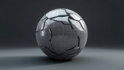 Fototapeta premium Large geometric cracked metallic sphere isolated on dark background with geometric abstract metallic industrial minimalist fragmented structure material background creative futuristic