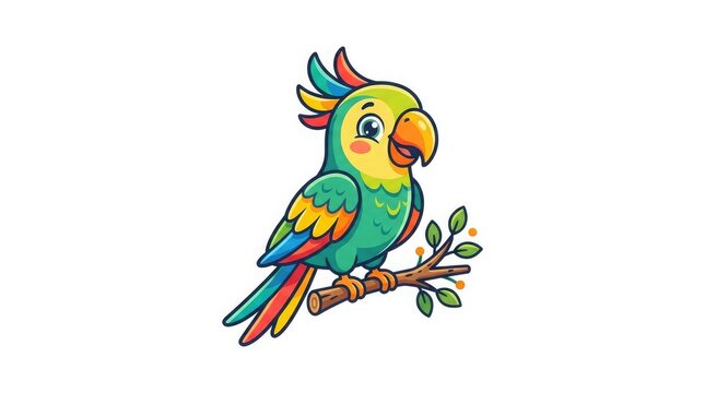 Cute colorful cartoon parrot sitting on a branch