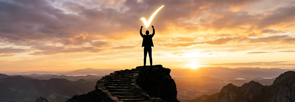 Successful business man reaching the mountain top at sunset