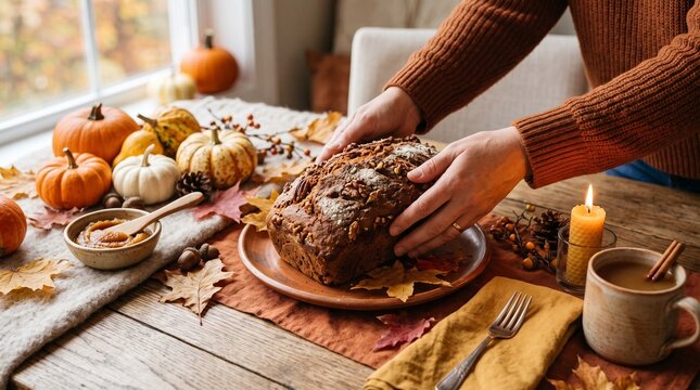 A warm and inviting Thanksgiving table setting with a freshly baked loaf of bread as the centerpiece, surrounded by pumpkins, autumn leaves, and a lit candle.