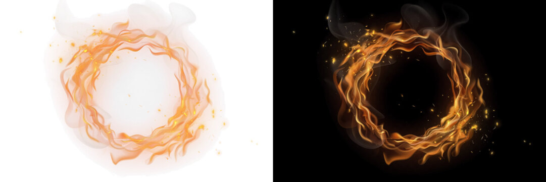 Swirling orange fire ring with sparks and smoke, on transparent background