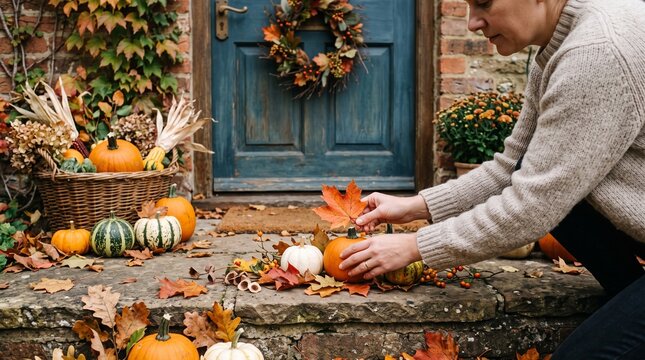Autumnal home decoration with pumpkins and fall leaves. A person is arranging pumpkins on the steps in front of a door