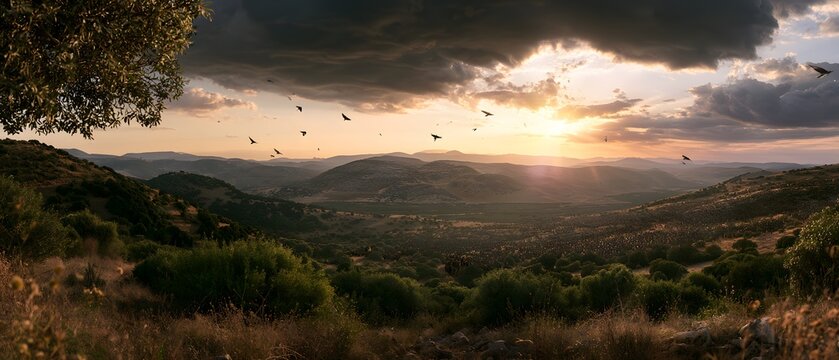 Panoramic landscape of a valley at sunset with birds flying in the sky over rolling green hills and dramatic clouds