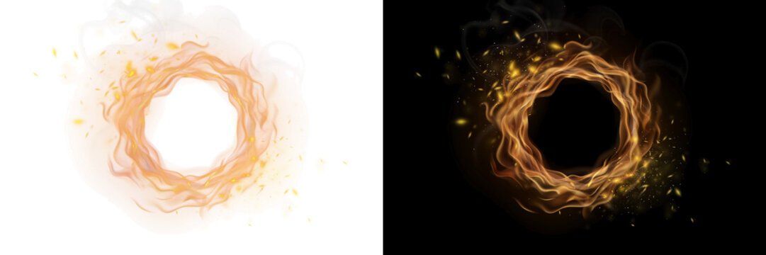 Turbulent flame ring with embers and drifting smoke, on transparent background