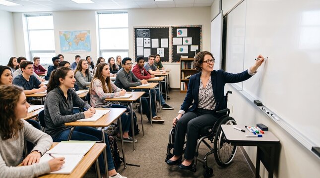 A teacher in a wheelchair enthusiastically teaching a diverse class of students in a modern classroom setting. The teacher is writing on a whiteboard while students take notes attentively