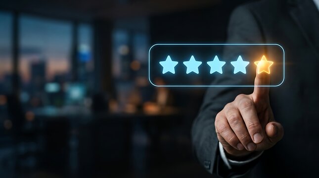 Businessman touching a five star rating in a dark office