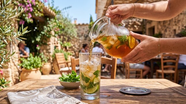 Refreshing iced tea with mint and lemon being poured into a glass on a rustic wooden table in a sun-drenched outdoor cafe.