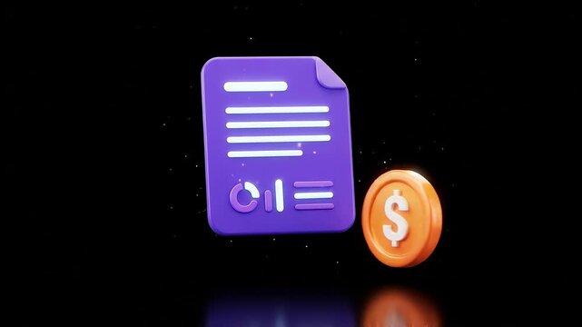 Purple Document and Orange Coin, 3D Fintech Icon Animation, Black Background