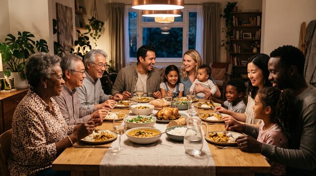 A large, happy multi-generational family gathered around a dining table, enjoying a festive meal together. The table is laden with various dishes, and everyone is smiling and interacting.