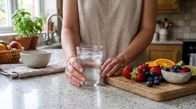 A person holding a glass of iced water next to a cutting board with fresh fruits and herbs in a kitchen