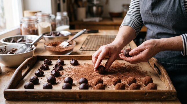 Making chocolate truffle balls in a rustic kitchen. Person is rolling chocolate dough and coating it with cocoa powder on a wooden tray.