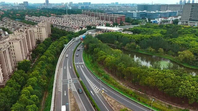 Close Aerial View of G15 Xinzhuan Road Toll Station in Shanghai
